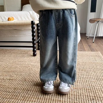 Осенняя детская одежда, Новые рваные джинсы для корейских девочек, прямые брюки из однотонной джинсовой ткани для детей