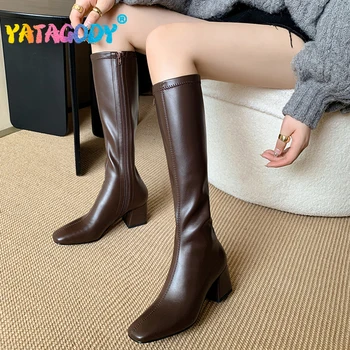 YATAGODY, Размер 33-41, Женские эластичные сапоги, эластичная кожаная обувь на высоком каблуке для женщин, Зима 2023, сапоги до колена, длинные сапоги на молнии