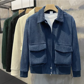 2023 Мужская вельветовая куртка в корейском стиле, модное повседневное уличное пальто с лацканами и карманом на молнии, роскошная одежда, пальто, весна и осень