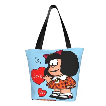 Милая печатная сумка для покупок Love You Mafalda, сумка-тоут из переработанного холста, сумка для покупок с мультяшным рисунком Quino Comic