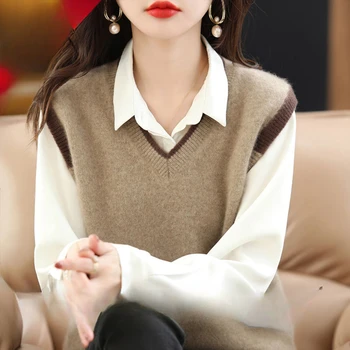 Корейский женский вязаный шерстяной жилет Осень Зима, Свободный Удобный свитер без рукавов с круглым вырезом, Трикотаж, Теплые топы, верхняя одежда U1235