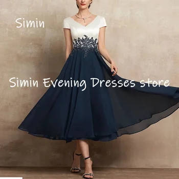 Simin Шифоновое платье трапециевидной формы с V-образным вырезом и рюшами, вечернее платье чайной длины, элегантные вечерние платья для женщин 2023