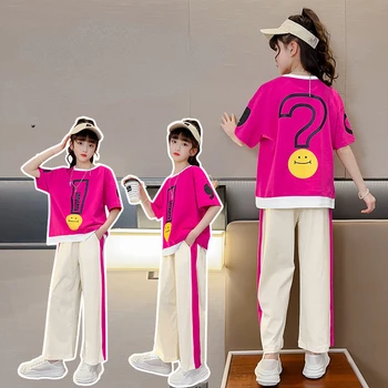 Летний комплект одежды для девочек-подростков, детские футболки с принтом улыбки, топ и брюки в полоску по бокам, костюм для девочек, футболка в стиле пэчворк, спортивный костюм