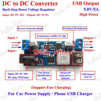 9 В-36 В 12 В 24 В до 5 В 5A Автомобильное USB зарядное устройство Модуль питания DC-DC понижающий преобразователь