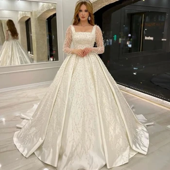 Изысканная вышивка квадратный воротник бисером бальное платье свадебное платье на шнуровке супер блестящие Princsss свадебное платье Vestidos де novia