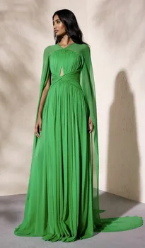 Стильные длинные вечерние платья из зеленого шифона с накидкой трапециевидной формы, плиссированные выпускные платья в пол на молнии сзади для женщин