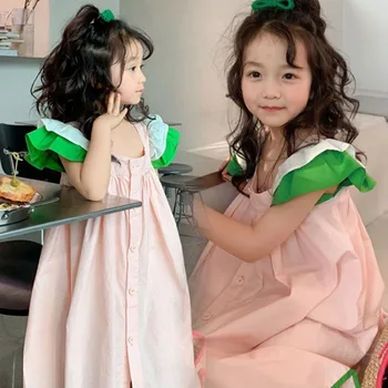 Платье для девочек, Розовое хлопчатобумажное платье принцессы с летящими рукавами, Летняя мода для детской одежды, Милые костюмы принцессы на День рождения для детей