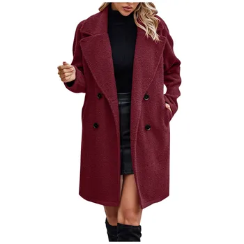 Женское осенне-зимнее шерстяное пальто средней длины, повседневное однотонное пальто с V-образным вырезом и карманами, модное теплое пальто на пуговицах Chaquetas