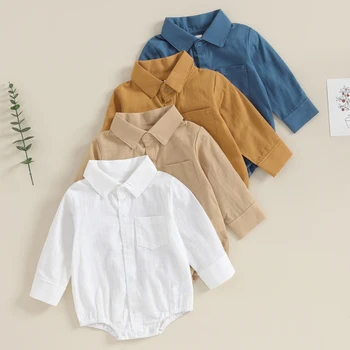 Рубашка для новорожденных мальчиков, комбинезон, осень-весна, детский боди, однотонный комбинезон на пуговицах с длинными рукавами и карманом, одежда для джентльменов