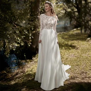 Кружевное платье трапециевидной формы с длинным рукавом и V-образным вырезом, прозрачное свадебное платье с открытой спиной, пляжное свадебное платье из шифона, сшитое на заказ