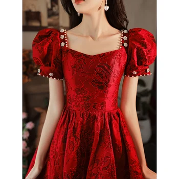Винно-красные платья для помолвки Элегантные свадебные платья из жаккардового атласа чайной длины с квадратным вырезом