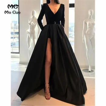Элегантное черное вечернее платье для выпускного вечера с длинным V-образным вырезом и длинными рукавами, атласные вечерние платья на молнии сзади для женщин