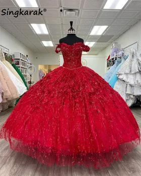 Блестящие красные Пышные платья принцессы 2023 с двумя Перчатками, Блестящие аппликации из пайеток, Бисероплетение, Сладкое 16-метровое платье для выпускного вечера, День рождения