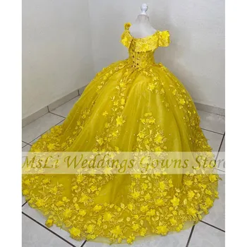 Желтые платья для девочек с аппликацией, бусины с открытыми плечами, бальное платье принцессы, платья для свадебной вечеринки, Платье для дня рождения, сшитое на заказ