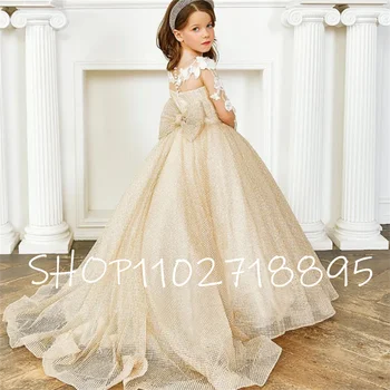 Свадебное платье принцессы, Элегантные Роскошные тюлевые платья для маленькой девочки с цветами шампанского, платье для вечеринки на День рождения для детей, детское
