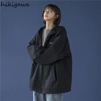 Черное женское пальто с капюшоном, повседневные топы оверсайз, уличная мода, винтажная верхняя одежда, Корейские куртки в стиле харадзюку, одежда для подростков