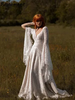 Элегантное свадебное платье в стиле бохо, женское пляжное свадебное платье с аппликацией, Vestido De Noiva, кружевные бретельки, V-образный вырез, открытая спина