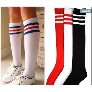 Длинные носки в красную и синюю полоску с тремя полосками, женские носки, студенческие чулки ниже колена, футбольные носки из чистого хлопка для черлидинга