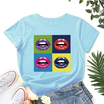 Женская футболка с сексуальным рисунком губ, Летняя мода, Уличный стиль, Женские топы, Круглый вырез, Короткий рукав, Свободная Женская футболка Размера Плюс