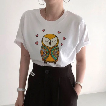 Женская футболка с милым принтом в виде летней совы, белый женский элегантный топ для отдыха с коротким рукавом, повседневный женский милый топ с круглым вырезом
