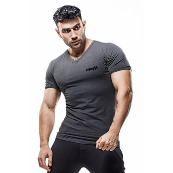 2023 Новая мужская модная футболка для фитнеса с коротким рукавом, одежда для бодибилдинга, дышащие повседневные спортивные футболки для бега с V-образным вырезом
