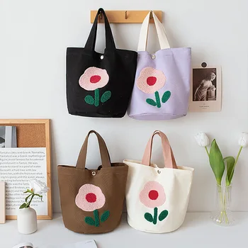 Холщовая сумочка, женские плюшевые сумки с вышитыми цветами, студенческие сумки для покупок большой емкости, сумка-ланч-бокс