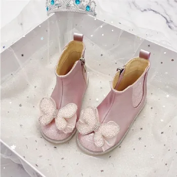 Короткие сапоги для девочек; Коллекция 2023 года; Осенне-Зимние Новые Детские ботинки; Кожаная обувь принцессы; Демонстрационные сапоги с лошадьми; Тонкие ботинки Серебристо-Розового цвета 24-36