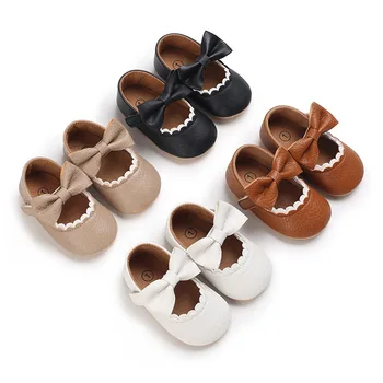 Детская повседневная обувь для младенцев и малышей с бантом, нескользящая резиновая обувь на плоской подошве из искусственной кожи для новорожденных Детская повседневная обувь для младенцев и малышей с бантом, нескользящая резиновая обувь на плоской подошве из искусственной кожи для новорожденных 2