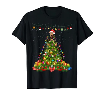 Эрдельтерьер Санта, Рождественская елка, Светодиодные фонари, Подарочная футболка для собак-Мужская футболка-Черный