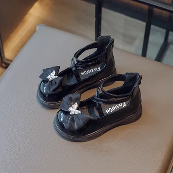 2023 г. Новые простые нескользящие кожаные туфли для девочек с бабочкой, нескользящая молния сзади, бант с круглым носком, повседневная обувь принцессы в корейском стиле, PU