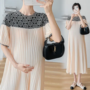 2324 # 2023 Летнее Корейское модное платье миди для беременных в лоскутную складку, свободная Прямая одежда для беременных женщин, повседневная одежда для беременных