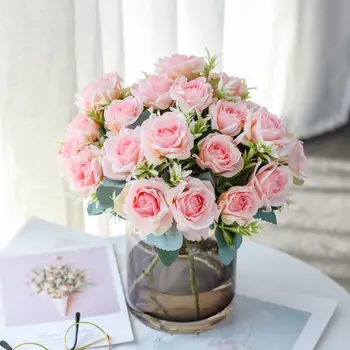 Букет Искусственных цветов из шелковой Розы, Высококачественные Пластиковые Аксессуары, Украшение Свадебного стола для гостиной, Искусственный цветок