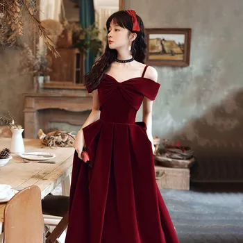 Бордовое бархатное вечернее платье с открытыми плечами, Женское элегантное вечернее платье для банкета, длинные платья на шнуровке