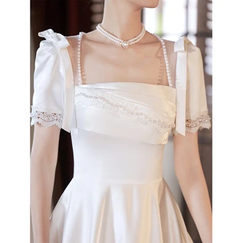 Белые атласные платья для помолвки для женщин, квадратный воротник, кружевные манжеты, элегантное платье для выпускного вечера, облегающее вечернее платье из тюля сзади