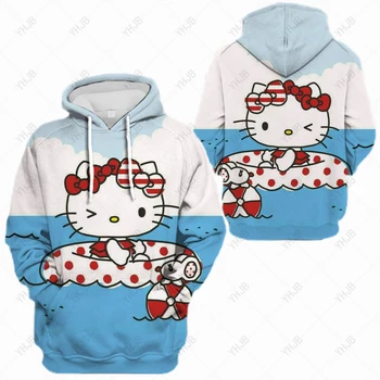 Женская толстовка с капюшоном и аниме с принтом Hello Kitty, толстовка оверсайз, свободный пуловер с круглым вырезом, детская толстовка с капюшоном