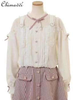 Японская мода, двойной плечевой ремень, рубашка с длинными рукавами и открытыми плечами, Осенняя новая милая тонкая блузка в девчачьем стиле, женские топы