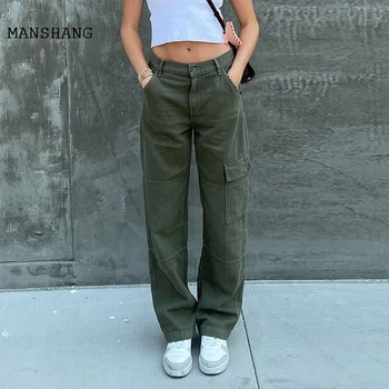 Женские джинсы в стиле ретро с высокой талией, прямые брюки y2k, уличная мода, длинные брюки, большие карманы, женские свободные повседневные джинсовые брюки