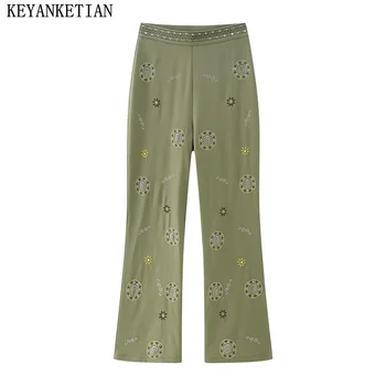Женские брюки с цветочной вышивкой в богемном стиле KEYANKETIAN, прямые брюки с цветочной вышивкой, Новые осенние женские брюки армейского зеленого цвета на молнии с высокой талией