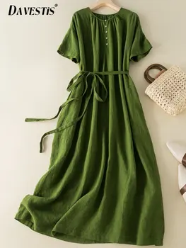 Женское хлопковое льняное платье в стиле ретро, 2023, Летние Свободные дышащие платья с короткими рукавами для женщин, простое однотонное платье миди с круглым вырезом