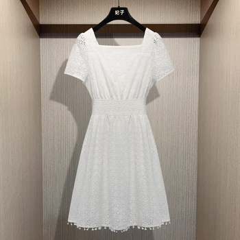 Женское французское кружевное платье FZ 2021, летнее новое милое и тонкое белое кружевное платье с квадратным вырезом на талии