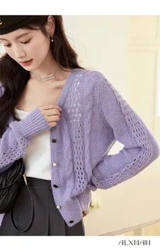 Прекрасный женский осенний укороченный трикотаж с V-образным вырезом и длинными рукавами, элегантный свитер 2023 года, новый фиолетовый топ в корейском стиле