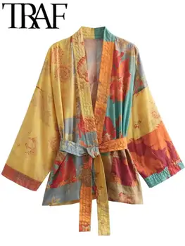 TRAF FANS Tienda 2023, женская модная блузка с принтом в стиле пэчворк, Повседневные тонкие с поясом, Свободные свитера, трикотажные изделия, вечерние
