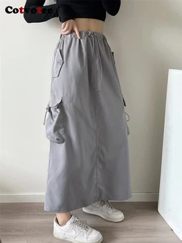 Однотонные юбки миди Cotvotee для женщин, мода 2023 года, юбка трапециевидной формы со шнуровкой и карманами, свободные повседневные винтажные уличные юбки