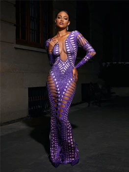 IDress Фиолетовое длинное платье со стразами, сексуальный вырез для танцев, вечеринки по случаю Дня рождения, клубная одежда, праздничный наряд для трансвеститов, певицы, вечернее платье