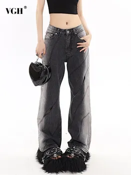 VGH Выдалбливают Цветные блоки Повседневные джинсовые брюки для женщин с высокой талией и карманами в стиле пэчворк Прямые Джинсы длиной до пола Женская мода