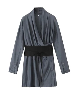 Женское серое платье в стиле кимоно, Элегантные мини-платья с длинным рукавом и V-образным вырезом и рюшами