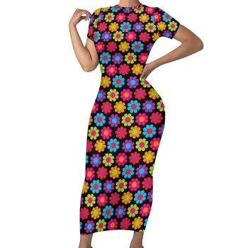 Flower Power Dress Леди Красочное Цветочное Модное Облегающее Платье Весна С Коротким Рукавом Сексуальные Макси Платья С Принтом Большого Размера Vestido