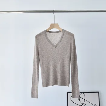 Женский свитер 2023, Осенний новый трикотажный низ с V-образным вырезом и длинными рукавами, стрейч-топ