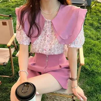 Французская нежная блузка, Бело-розовый топ с воротником в виде лотоса, Корейская милая универсальная блузка с коротким рукавом в виде сказочного цветка, женская блузка
