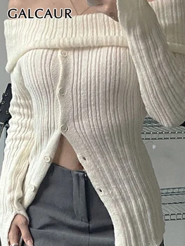 GALCAUR Сексуальный женский свитер для похудения с вырезом лодочкой и длинным рукавом с открытыми плечами, однобортный однотонный свитер в складку, женский Новинка 2023 года